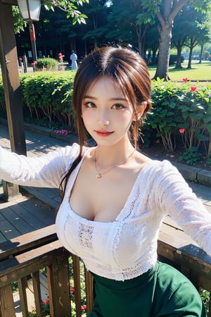Masterpiece, best quality, highres, sensual and sensitive, flirting with viewer, leaning forward:1.5, bent down:1.5,  looking at viewer, 1girl, beautiful young woman, blonde, smiling, public park garden, soft lighting, realistic, earrings,  necklace, the girl exposes her huge breasts and cleavage, wearing acmmsayarma outfit, photo of a woman, beautiful face, princess, detailed off-shoulder gown , photographic style, upper body, selfie ,ancient China palace,