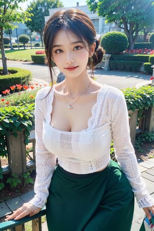 Masterpiece, best quality, highres, sensual and sensitive, flirting with viewer, leaning forward:1.5, bent down:1.5,  looking at viewer, 1girl, beautiful young woman, blonde, smiling, public park garden, soft lighting, realistic, earrings,  necklace, the girl exposes her huge breasts and cleavage, wearing acmmsayarma outfit