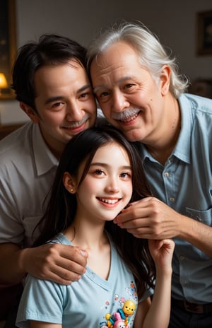 A young 13 year old girl with her dark hair falling in loose waves down her back. The warm golden light of the setting sun casts a gentle glow on her face, as she gazes softly into the distance. A scattering of colorful toys and books surround her, creating a playful atmosphere, kind smile, 2 old men, two old men, the old men have strong bodies, girl sandwiched between 2 old men, girl sandwiched between two old men,