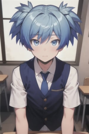 masterpiece, best quality, high quality, 1boy, solo, male focus, looking at viewer, upper body, , shiota_nagisa, blue hair, blue eyes, short twintails, school uniform, shirt, necktie, vest, cheek press, NSFW