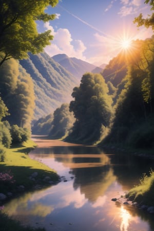 beautiful valley, river flowing through, natural wild life, sun setting pink
