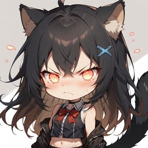 1girl, cat girl, solo,  ((black hair)), very long hair, red eyes, (straight hair), (bangs), animal ears, (stoat ears:1.2), black
 Choker, ahoge, hime cut, yaeba, (big black cat Tail:1.2), (blue X hairpin), (collared sleeveless top, (midriff), chest bow), 
(black  jacket:1.2), (black short pants), solo, (chibi), blush, mouth close, (close-up portrait), (angry, blush, pouty), ((half-closed eyes:1.3)), (glowing eyes),((Chibi character))