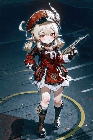 Klee_(Genshin_Impact),red_eyes, blonde_hair, medium_hair, low_twintails, sidelocks, ahoge, pointy_ears, flat_chest,1girl,solo,full body,source_anime,uniform commander military red,hat,gun,uzi,absured res,hight res,zPDXL-neg,best quality,real life,battlefield 2042 style,(masterpiece,best quality,ultra_detailed,highres,absurdres:1.2),cute face,perfect finger