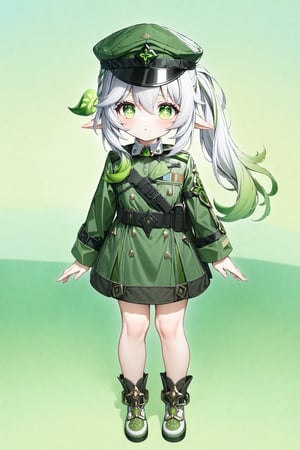 Nahida_(Genshin_Impact),green_eyes, white_hair, green_hair, hair_between_eyes, gradient_hair, hair_intakes, long_hair, side_ponytail, sidelocks, cross-shaped_pupils, pointy_ears,1girl,solo,full body,source_anime,uniform military green,hat,gun,Desert Eagle,absured res,hight res,zPDXL-neg,best quality,real life,battlefield 2042 style,(masterpiece,best quality,ultra_detailed,highres,absurdres:1.2),cute