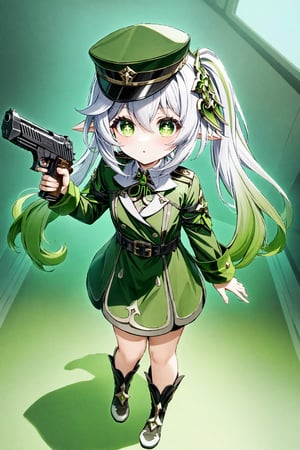 Nahida_(Genshin_Impact),green_eyes, white_hair, green_hair, hair_between_eyes, gradient_hair, hair_intakes, long_hair, side_ponytail, sidelocks, cross-shaped_pupils, pointy_ears,1girl,solo,full body,source_anime,uniform military green,hat,gun,Desert Eagle with suspensor,absured res,hight res,zPDXL-neg,best quality,real life,battlefield 2042 style,(masterpiece,best quality,ultra_detailed,highres,absurdres:1.2),cute