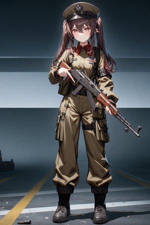 HUTAO, LONG HAIR, BANGS, BROWN HAIR, RED EYES, HAIR BETWEEN EYES, TWINTAILS, SIDELOCKS, SYMBOL-SHAPED PUPILS,LONG SLEEVES, HAT, JEWELRY, FLOWER,1girl,solo,full body,source_anime,uniform commander military brown,hat,gun,AK-47,absured res,hight res,zPDXL-neg,best quality,real life,battlefield 2042 style,(masterpiece,best quality,ultra_detailed,highres,absurdres:1.2),cute,perfect finger