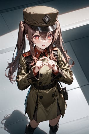 HUTAO, LONG HAIR, BANGS, BROWN HAIR, RED EYES, HAIR BETWEEN EYES, TWINTAILS, SIDELOCKS, SYMBOL-SHAPED PUPILS,LONG SLEEVES, HAT, JEWELRY, FLOWER,1girl,solo,full body,source_anime,uniform commander military brown,hat,gun,AK-47,absured res,hight res,zPDXL-neg,best quality,real life,battlefield 2042 style,(masterpiece,best quality,ultra_detailed,highres,absurdres:1.2),cute,perfect finger,hand