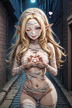 alpha, long hair, blue eyes, blonde hair, pointy ears, elf,MUMMY, wearing mummy costume,sexy costume,ink outline,smile,horror style, kawaii, cute, in street,dark alley,absurd res,highres, fine detail rendered,one eye closed, tounge out, sexy pose,heart hands,halloween,halloween themed