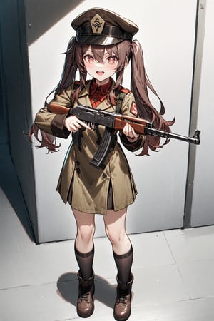 HUTAO, LONG HAIR, BANGS, BROWN HAIR, RED EYES, HAIR BETWEEN EYES, TWINTAILS, SIDELOCKS, SYMBOL-SHAPED PUPILS,LONG SLEEVES, HAT, JEWELRY, FLOWER,1girl,solo,full body,source_anime,uniform commander military brown,hat,gun,AK-47,absured res,hight res,zPDXL-neg,best quality,real life,battlefield 2042 style,(masterpiece,best quality,ultra_detailed,highres,absurdres:1.2),cute,perfect finger