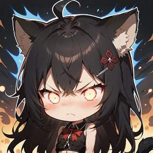 1girl, cat girl, solo,  ((black hair)), very long hair, red eyes, (straight hair), (bangs), animal ears, (stoat ears:1.2), black
 Choker, ahoge, hime cut, yaeba, (big black cat Tail:1.2), (blue X hairpin), (collared sleeveless top, (midriff), chest bow), 
(black  jacket:1.2), (black short pants), solo, (chibi), blush, mouth close, (close-up portrait), (angry, blush, pouty), ((half-closed eyes:1.3)), (glowing eyes),((Chibi character))