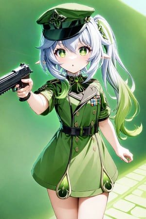 Nahida_(Genshin_Impact),green_eyes, white_hair, green_hair, hair_between_eyes, gradient_hair, hair_intakes, long_hair, side_ponytail, sidelocks, cross-shaped_pupils, pointy_ears,1girl,solo,full body,source_anime,uniform military green,hat,gun,Desert Eagle with suspensor,absured res,hight res,zPDXL-neg,best quality,real life,battlefield 2042 style,(masterpiece,best quality,ultra_detailed,highres,absurdres:1.2),cute