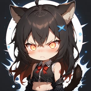 1girl, cat girl, solo,  ((black hair)), very long hair, red eyes, (straight hair), (bangs), animal ears, (stoat ears:1.2), black
 Choker, ahoge, hime cut, yaeba, (big black cat Tail:1.2), (blue X hairpin), (collared sleeveless top, (midriff), chest bow), 
(black  jacket:1.2), (black short pants), solo, (chibi), blush, mouth close, (close-up portrait), (angry, blush, pouty), ((half-closed eyes:1.3)), (glowing eyes),((Chibi character))