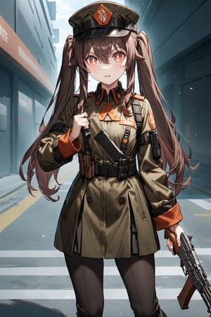 HUTAO, LONG HAIR, BANGS, BROWN HAIR, RED EYES, HAIR BETWEEN EYES, TWINTAILS, SIDELOCKS, SYMBOL-SHAPED PUPILS,LONG SLEEVES, HAT, JEWELRY, FLOWER,1girl,solo,full body,source_anime,uniform commander military brown,hat,gun,AK-47,absured res,hight res,zPDXL-neg,best quality,real life,battlefield 2042 style,(masterpiece,best quality,ultra_detailed,highres,absurdres:1.2),cute,perfect finger