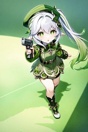 Nahida_(Genshin_Impact),green_eyes, white_hair, green_hair, hair_between_eyes, gradient_hair, hair_intakes, long_hair, side_ponytail, sidelocks, cross-shaped_pupils, pointy_ears,1girl,solo,full body,source_anime,uniform military green,hat,gun,Desert Eagle,absured res,hight res,zPDXL-neg,best quality,real life,battlefield 2042 style,(masterpiece,best quality,ultra_detailed,highres,absurdres:1.2),cute