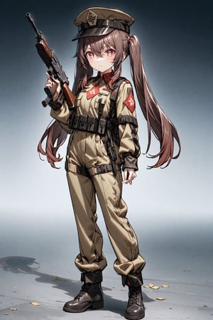 HUTAO, LONG HAIR, BANGS, BROWN HAIR, RED EYES, HAIR BETWEEN EYES, TWINTAILS, SIDELOCKS, SYMBOL-SHAPED PUPILS,LONG SLEEVES, HAT, JEWELRY, FLOWER,1girl,solo,full body,source_anime,uniform commander military brown,hat,gun,AK-47,absured res,hight res,zPDXL-neg,best quality,real life,battlefield 2042 style,(masterpiece,best quality,ultra_detailed,highres,absurdres:1.2),cute,perfect finger