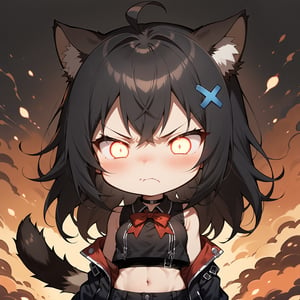 1girl, cat girl, solo,  ((black hair)), very long hair, red eyes, (straight hair), (bangs), animal ears, (stoat ears:1.2), black
 Choker, ahoge, hime cut, yaeba, (big black cat Tail:1.2), (blue X hairpin), (collared sleeveless top, (midriff), chest bow), 
(black  jacket:1.2), (black short pants), solo, (chibi), blush, mouth close, (close-up portrait), (angry, blush, pouty), ((half-closed eyes:1.3)), (glowing eyes),((Chibi character))