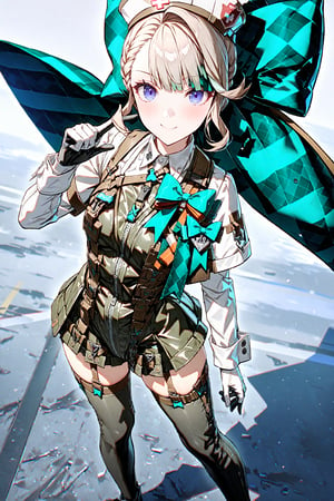 lynette,1girl,solo,full body,source_anime,uniform nurse,hat,absured res,hight res,zPDXL-neg,best quality,real life,battlefield 2042 style,(masterpiece,best quality,ultra_detailed,highres,absurdres:1.2),cute face,perfect finger,well on the thigh