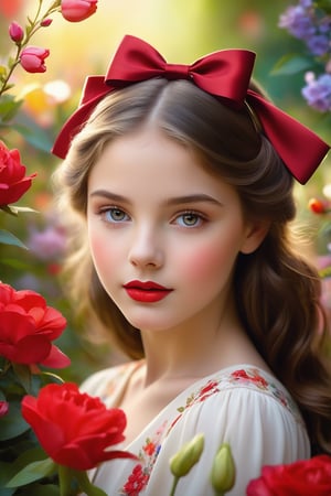 Softly lit young girl nestled among lush blooms, delicate petals framing her striking features. Brown hair adorned with a bow on her head, long eyelashes and bright eyes shining like precious gems. Red lips painted invitingly, drawing attention to her serene expression. Background flowers softly focused, harmonizing with her gentle pose amidst the vibrant colors of the garden.