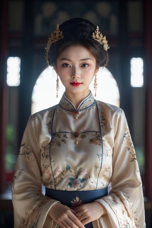 A majestic queen, resplendent in her elaborate, Chinese-inspired attire, stands poised, facing the camera with enigmatic beauty. Delicate patterns and traditional designs adorn her exquisite dress, crafted with intricate detail and precision. Soft, diffuse backlighting accentuates her timeless features, as she gazes directly into the lens, her eyes a window to her regal wisdom. The 85mm lens captures every nuance of her porcelain complexion, while the long exposure and f/2 aperture ensure a depth of field that draws the viewer's eye to her captivating presence. In ultra-detailed photography, raytracing and global illumination create a smooth, high-definition image, rivaling the sharpness of an 8k photograph rendered by Unreal Engine 5. The queen's face is a symmetrical masterpiece, with perfect contrast and a sharp focus that leaves no detail unexplored.