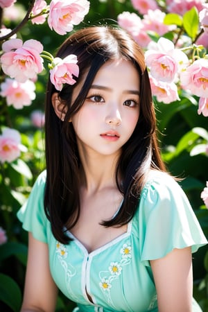 In a lush flower garden with vibrant colors and pleasant lighting, a beautiful young girl sits delicately amidst blooming petals. Her brown hair is adorned with a bow on her head, framing her striking facial features. Soft and detailed eyes shine bright, complemented by long eyelashes that add to her charm. Her lips are painted red, inviting the viewer's gaze. The soft focus background blooms in harmony with the subject's gentle pose,simplecats,JeeSoo 