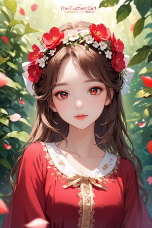 In a lush flower garden with vibrant colors and pleasant lighting, a beautiful young girl sits delicately amidst blooming petals. Her brown hair is adorned with a bow on her head, framing her striking facial features. Soft and detailed eyes shine bright, complemented by long eyelashes that add to her charm. Her lips are painted red, inviting the viewer's gaze. The soft focus background blooms in harmony with the subject's gentle pose, as decorative text TA' and 1st Anniversary hover above, accompanied by the title (The cutest girl in the world: 1.5).