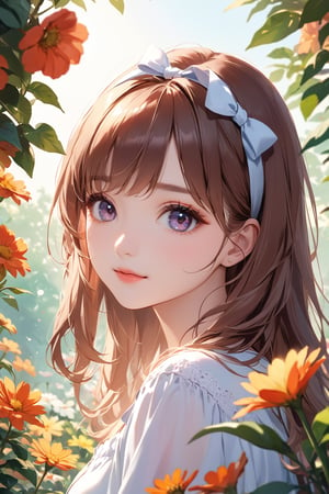 (best quality, highres),brown hair,bow on head,girl,beautiful detailed eyes,beautiful detailed lips,long eyelashes,soft facial features,flower garden background, vibrant colors,pleasant lighting,artistic rendering, decorative text:’’TA’’, text:’’1st Anniversary’’,(The cutest girl in the world:1.5),