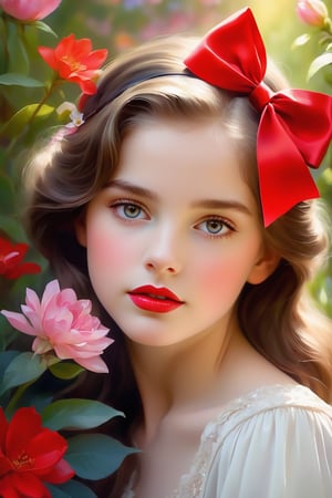 Softly lit young girl nestled among lush blooms, delicate petals framing her striking features. Brown hair adorned with a bow on her head, long eyelashes and bright eyes shining like precious gems. Red lips painted invitingly, drawing attention to her serene expression. Background flowers softly focused, harmonizing with her gentle pose amidst the vibrant colors of the garden.