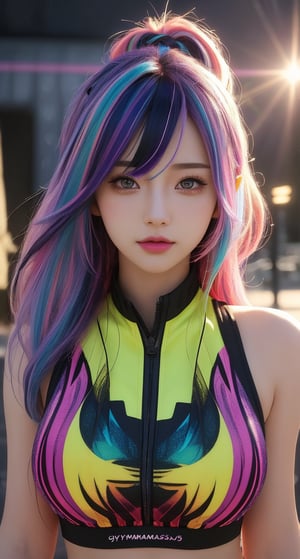 16K, HDR, masterpiece, a girl, (((colorful hair, gymnass outfit))). Half-length , anime style illustration with hyper-realistic details, symmetrical face, provocative eyes and soft smile. Enhanced cinematic lighting, lens flare and bokeh effects..,High detailed, dynamic angle, special effect, 