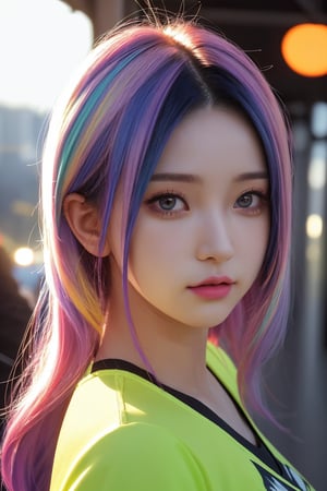 16K, HDR, masterpiece, a girl, (((colorful hair, gymnass outfit))). Half-length , anime style illustration with hyper-realistic details, symmetrical face, provocative eyes and soft smile. Enhanced cinematic lighting, lens flare and bokeh effects..,High detailed, dynamic angle, special effect, 