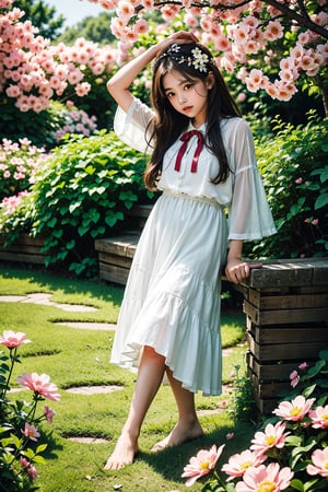 In a lush flower garden with vibrant colors and pleasant lighting, a beautiful young girl sits delicately amidst blooming petals. Her brown hair is adorned with a bow on her head, framing her striking facial features. Soft and detailed eyes shine bright, complemented by long eyelashes that add to her charm. Her lips are painted red, inviting the viewer's gaze. The soft focus background blooms in harmony with the subject's gentle pose,simplecats,JeeSoo , 