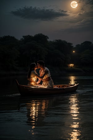 Beneath the soft glow of the moonlight, an Indian couple kisses tenderly on a traditional wooden boat floating along the serene Ganges river, the reflections on the water's surface shimmering like liquid silver, a sense of tranquility and spirituality fills the air, Sculpture, carved from marble with intricate details, capturing the ethereal beauty of the moment