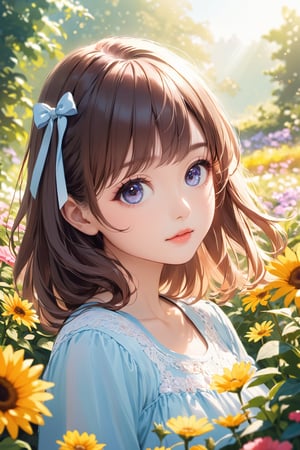 (best quality, highres),brown hair,bow on head,girl,beautiful detailed eyes,beautiful detailed lips,long eyelashes,soft facial features,flower garden background, vibrant colors,pleasant lighting,artistic rendering, decorative text:’’TA’’, text:’’1st Anniversary’’,(The cutest girl in the world:1.5),