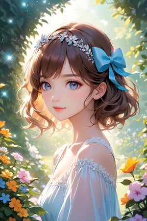 A stunning portrait of a lovely girl with luscious brown hair adorned with a bow on her head. Her beautiful, detailed eyes sparkle like diamonds, framed by long eyelashes and soft facial features that exude innocence. Vibrant colors and pleasant lighting bring out the best in this picturesque scene, set against a lush flower garden background. The artistic rendering is exquisite, with decorative text TA and 1st Anniversary (The cutest girl in the world: 1.5) adding a touch of whimsy to this unforgettable image.