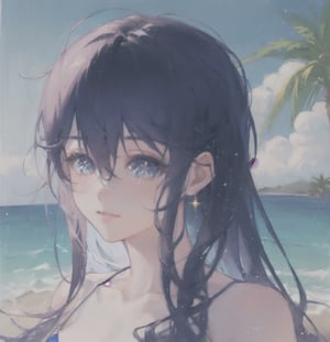 contrail, palm trees, vivid color, glitters, light particles, Seaside, Bikini,16 years old, beautiful young Korean girl, 1 girl, swimming, (dynamic swimming posture: 0.5), looking at viewer, facing viewer, realistic, real life, high resolution, full body, detailed face, detailed eyes, normal round chest,