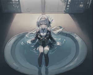 monochrome,grayscale,watercolor,masterpiece:2,((best quality)),highres,((looking_at_viewer)),1girl,solo,from above,
a gril sitting in a pool of lotus,leaves,perspective,depth of fields,sitting,water,
grey hair,long hair,hair ornament,black hairband,blue eyes,long sleeves,green skirt,green thighhighs,smile,
