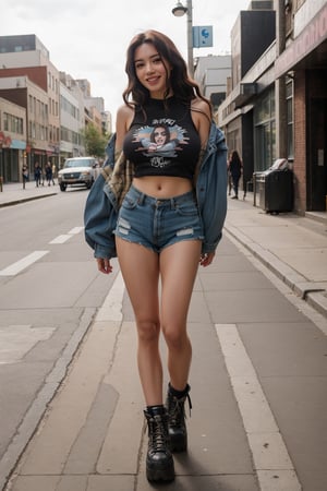 Best quality, epic, ultrares, 25yo girl, punk style, grunge style, long_hair, cute_smile, (huge_breasts),cleavage,(full body view), alley, city, punk clothing, grunge clothing, plaid, graphic_tee, low-rise shorts,multicolored,Masterpiece,1 girl,photorealistic,covered_nipples,Enhance, photography,female,character