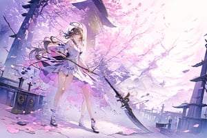 Official Art, Unity 8K Wallpaper, Extreme Detailed, Beautiful and Aesthetic, Masterpiece, Top Quality, perfect anatomy, 

1girl, solo, looking at viewer, blue eyes, brown hair, holding, standing, full body, weapon, shorts, socks, holding weapon, chain, skull, axe, sakura, shrine, nontraditional miko, petals, twlight, hairband, pink theme, 

a beautifully drawn (((ink illustration))) depicting, vintage, PINK and PURPLE accents, watercolor painting, concept art, (best illustration), (best shadow), Analog Color Theme, vivid colours, contrast, smooth, sharp focus, scenery, 

(Pencil_Sketch:1.2,masterpiece, midjourney, best quality, incredibly absurdres, messy lines,high detail eyes,More Detail,perfect light,portrait, ,robin \(honkai: star rail\)