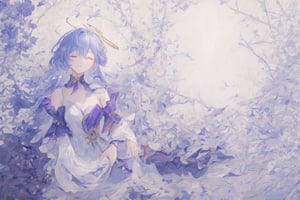 Official Art, Unity 8K Wallpaper, Extreme Detailed, Beautiful and Aesthetic, Masterpiece, Top Quality, perfect anatomy, 

1girl, solo, long hair, bangs, hair ornament, dress, jewelry, closed eyes, upper body, purple hair, flower, earrings, parted lips, hair flower, head tilt, book, eyelashes, makeup, halo, white flower, crescent, facing viewer, book stack, hyacinth, star_(sky), 

a beautifully drawn (((ink illustration))) depicting, vintage, RED and INDIGO accents, watercolor painting, concept art, (best illustration), (best shadow), Analog Color Theme, vivid colours, contrast, smooth, sharp focus, scenery, 

(Pencil_Sketch:1.2,masterpiece, midjourney, best quality, incredibly absurdres, messy lines,high detail eyes,More Detail,perfect light,portrait, ,robin