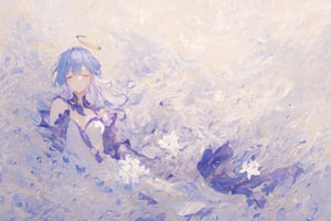 Official Art, Unity 8K Wallpaper, Extreme Detailed, Beautiful and Aesthetic, Masterpiece, Top Quality, perfect anatomy, 

1girl, solo, long hair, bangs, hair ornament, dress, jewelry, closed eyes, upper body, purple hair, flower, earrings, parted lips, hair flower, head tilt, book, eyelashes, makeup, halo, white flower, crescent, facing viewer, book stack, hyacinth, star_(sky), 

a beautifully drawn (((ink illustration))) depicting, vintage, RED and INDIGO accents, watercolor painting, concept art, (best illustration), (best shadow), Analog Color Theme, vivid colours, contrast, smooth, sharp focus, scenery, 

(Pencil_Sketch:1.2,masterpiece, midjourney, best quality, incredibly absurdres, messy lines,high detail eyes,More Detail,perfect light,portrait, ,robin