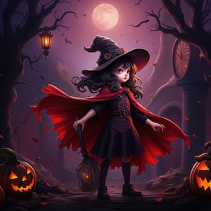 Masterpiece, high quality, illustration, 8k , 1girl, solo, hat, holding, standing, cape, witch hat, scenery, clock, halloween, jack-o'-lantern, pumpkin, Halloween2024