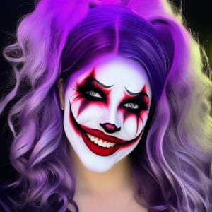 A photorealistic portrait of a young girl, 1girl, solo, white face, purple hair, halloween face art, red lips, large teeth, dengerious smile on face, makeup, dark ghostly background, realestic, ultra detailed, ultra realistic, 8k quality