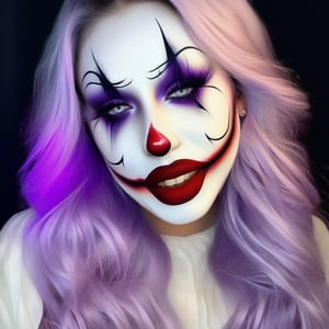 A photorealistic portrait of a young girl, 1girl, solo, white face, purple hair, halloween face art, red lips, large teeth, dengerious smile on face, makeup, dark ghostly background, realestic, ultra detailed, ultra realistic, 8k quality