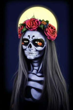 Masterpiece, High quality, illustration, 1girl, solo, long hair, looking at viewer, simple background, hair ornament, flower, grey hair, teeth, hair flower, dark horror background, halloween theme, full moon background, horro environment,Face_Paint