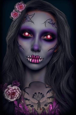 Masterpiece, High quality, illustration, 1girl, solo, long hair, looking at viewer, simple background, hair ornament, flower, grey hair, teeth, hair flower, dark night, graveyard , halloween theme, full moon background, Face_Paint