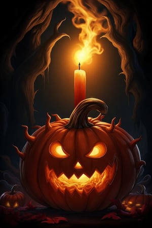 Masterpiece, high quality, illustration, 8k , solo, no humans, glowing, glowing eyes, halloween, monster, jack-o'-lantern,  pumpkin, candle, big candle on pumpkin, Halloween2024