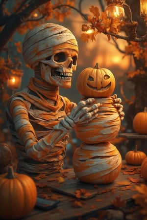 Masterpiece, high quality, illustration, 8k ,  A whimsical scene unfolds: a humorous 'mummy' - a skeleton in a bandaged wrap - joyfully builds a orange pumpkin snowman amidst a spooky Halloween backdrop. The setting sun casts an eerie orange glow, illuminating the mummy's mischievous grin and the patchwork of pumpkins surrounding them. A perfectly imperfect snowman, crafted from gourds, stands tall on a wooden table, surrounded by autumn leaves and twinkling lanterns, as the mummy takes a selfie with a pumpkin snowman on mobile phone.burning the pumpkin, Halloween2024,A Skeleton