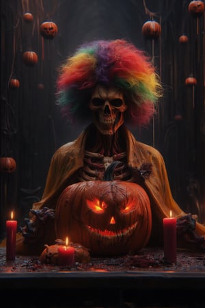 A skeleton with a rainbow afro wig, grinning widely, The pumpkin is intricately carved with a grinning 
To the head of the skeleton, glowing flaming, Wearing yellow LaTeX Cloak, with an eerie, at a horror-themed Halloween event, set in a dark, eerie Horror Building.  flickering-candlelight. The scene is illuminated by dim, casting long shadows and enhancing the spooky atmosphere. The composition is centered, with the Jack O' Lantern in focus, surrounded by dark, ominous surroundings.,Halloween2024