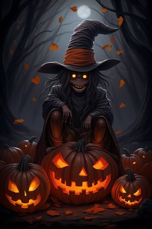 Masterpiece, high quality, illustration, 8k , solo, hat, sitting, no humans, witch hat, halloween, jack-o'-lantern, pumpkin, Halloween2024