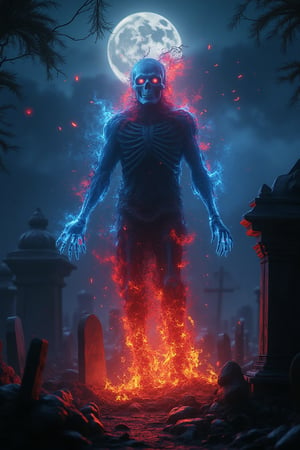 A realistic, fantasy art, ultra-high detailed 8K image of a graveyard with tombstones. A skeleton emerges, engulfed in red and blue flames, with creepy glowing eyes. The background features a night sky with a full moon and eerie trees. The scene captures the spooky atmosphere of the graveyard and the supernatural presence of the fiery skeleton.,Halloween2024