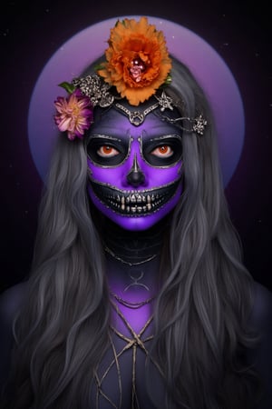 Masterpiece, High quality, illustration, 1girl, solo, long hair, looking at viewer, simple background, hair ornament, flower, grey hair, teeth, hair flower, dark horror background, halloween theme, full moon background, horro environment,Face_Paint